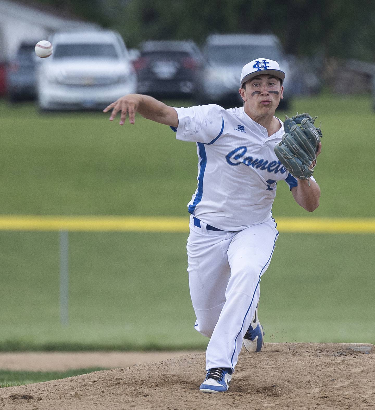 Newman’s Evan Bushman fires a pitch against Marengo Wednesday, May 28, 2025, in the Class 2A Sectional semifinal in Mendota.