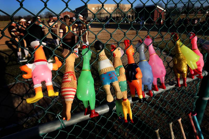 Rubber chickens line the fence as Jacobs players meet between inning during a nonconference softball game against Marengo on Monday, March 9, 2026, at Marengo High School.