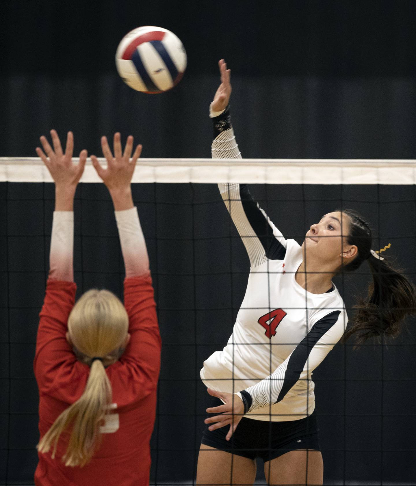 Erie-Prophetstown’s Ashlyn Johnson spikes against Oregon Tuesday, Oct. 28, 2025, in the Class 2A regional semifinal at Rock Falls.