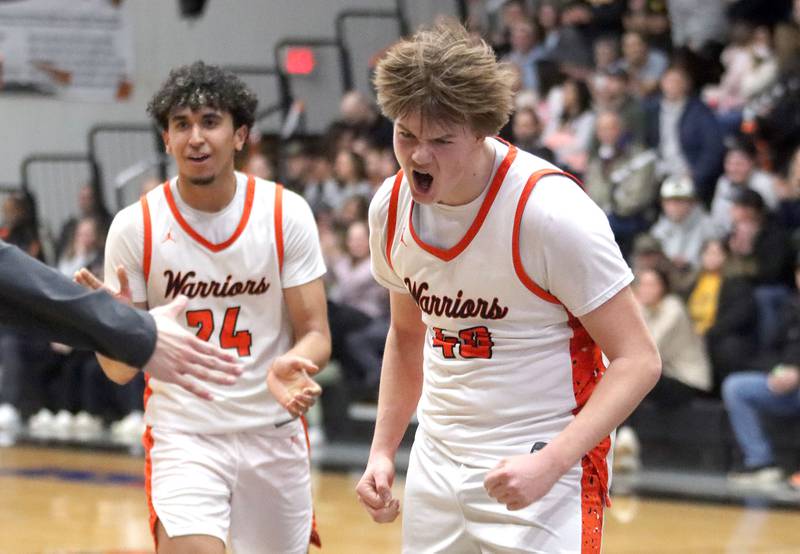 McHenry’s Nathan Ottaway, right, and Adam Anwar celebrate a basket against Crystal Lake South in varsity boys basketball on Friday, Feb. 20, 2026, at McHenry High School in McHenry.