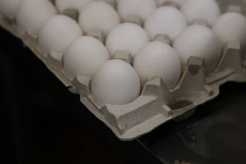 A carton of eggs waits to be used for orders at Tasty Waffle in Romeoville.