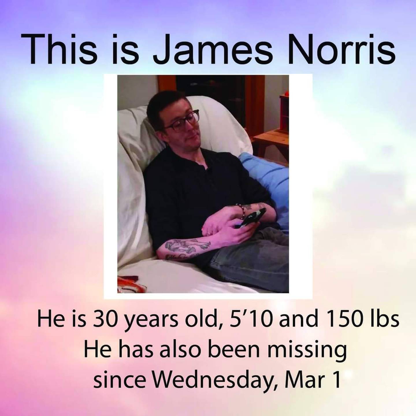 James Norris of Virgil has been missing since March 1 and was last known to be on the Great Western Trail. Anyone with information on James Norris’s whereabouts is asked to call the Kane County Sheriff’s Office Investigations Division at 630-444-1103.
