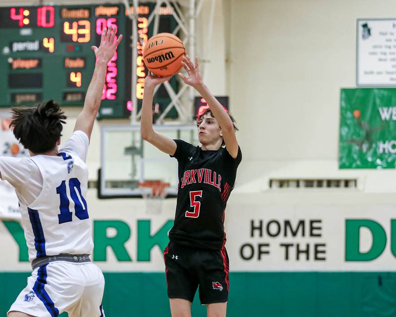 Yorkville's Dj Ingemunson (5) shoots a jumper during their Jack Tosh Holiday Classic basketball tournament game between St Francis at Yorkville Thursday Dec 26, 2024 in Elmhurst.