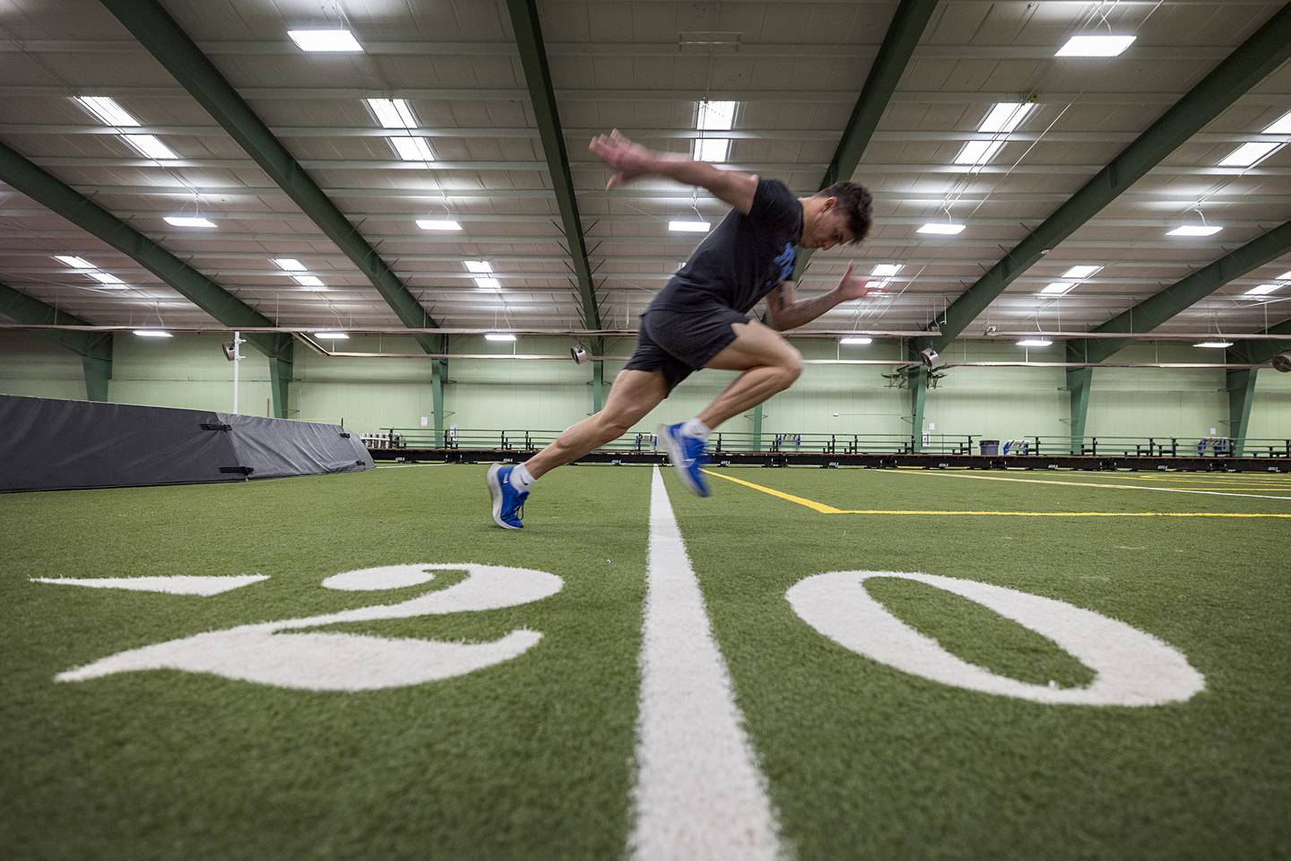 Easton Bianchi, a 2018 Newman High School graduate, fires off the line Monday, March 4, 2024 at Westwood in preparation of his place on the Indoor Football League’s Quad City Steamwheelers.