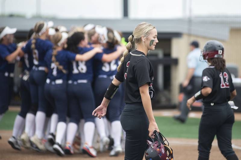 Antioch’s Jazzy Fisher walks off the field after the softball team lost to Lemont 3-1 Friday, June 10, 2022 in the class 3A IHSA state softball semifinal game.