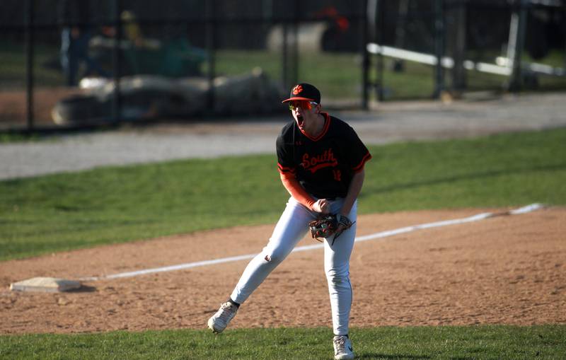 Wheaton Warrenville South's Jacob Conover screams during a game against Geneva on Monday April 14, 2025 in Wheaton.