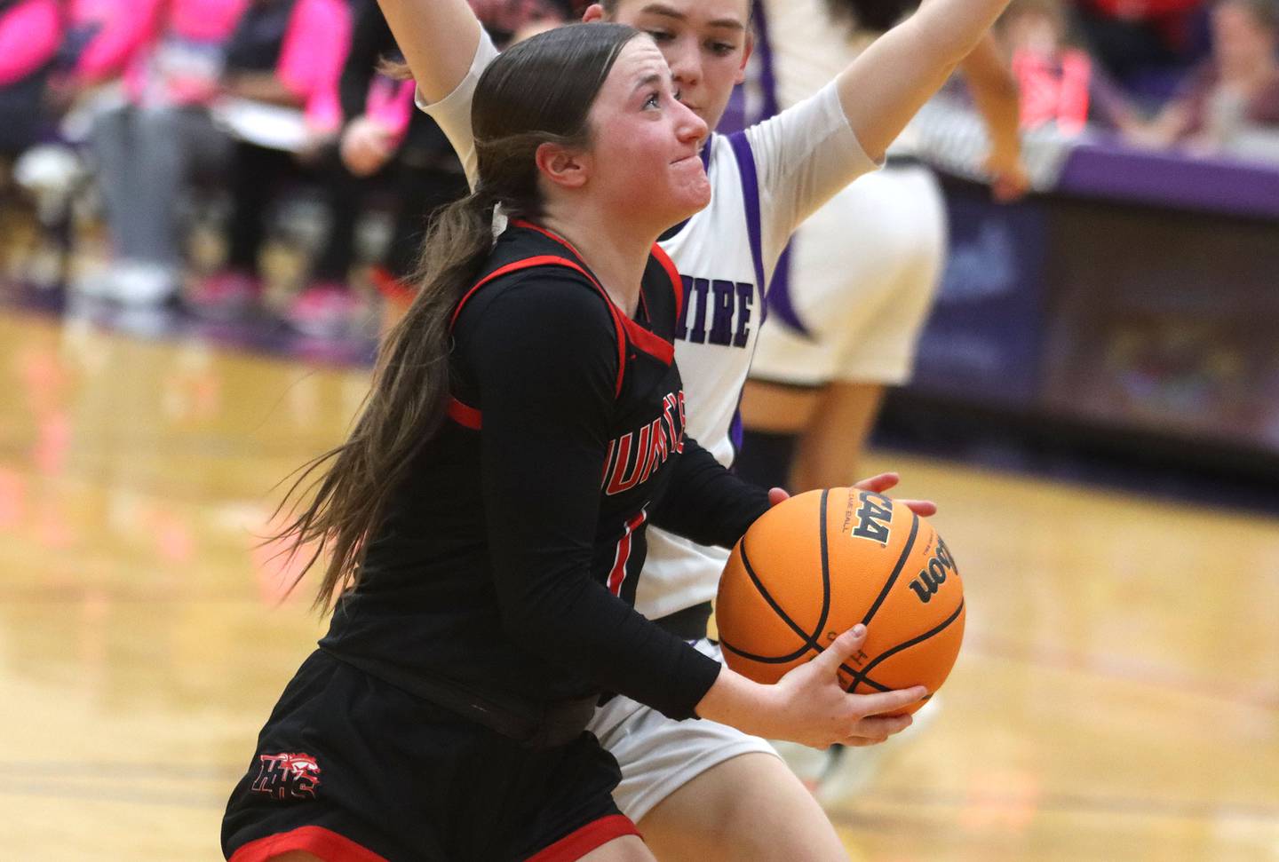Huntley’s Lana Hobday works under the hoop in varsity girls basketball on Wednesday, Feb. 11, 2026, at Hampshire High School in Hampshire.