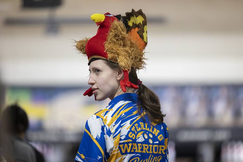 Sterling’s Sarah Doughty dons the turkey hat against Galesburg Tuesday, Jan. 7, 2025, at Blackhawk Lanes.