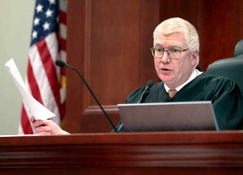 DeKalb County Circuit Court Judge Philip Montgomery speaks to prosecutors during the pretrial hearing of Matthew L. Martin Thursday, April 3, 2025, at the DeKalb County Courthouse in Sycamore. Martin is charged with robbing a DeKalb bank in July 2024.