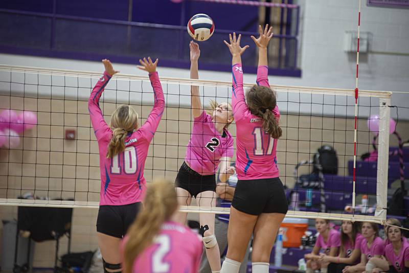 Dixon’s Madyson Tichler spikes the ball against Genoa-Kingston Thursday, Oct. 6, 2022.