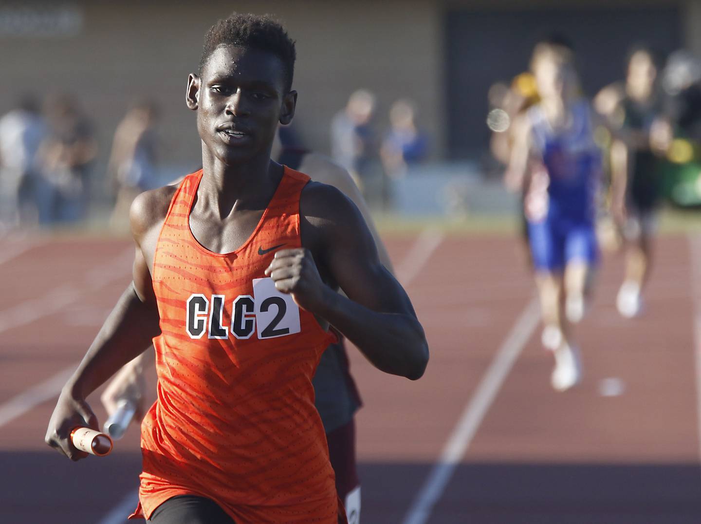 Crystal Lake Central’s Amana Omale runs the last leg of the 4x800 meter relay during the Fox Valley Conference  Boys Track and Field Meet on Thursday, May 14, 2026, at Huntley High School.
