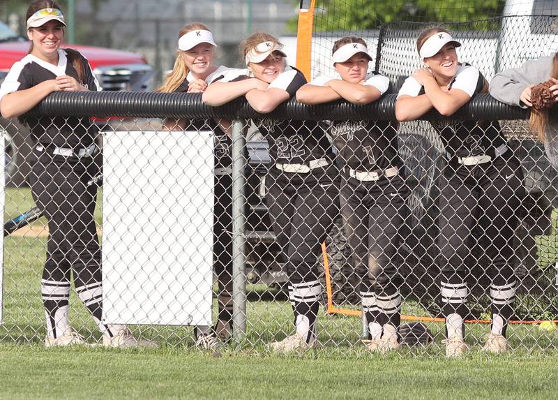 The Kaneland bench is all smiles as their team carries a big lead into the third inning during their Class 3A Regional game against Woodstock Tuesday, May 24, 2022, at Kaneland High School in Maple Park.