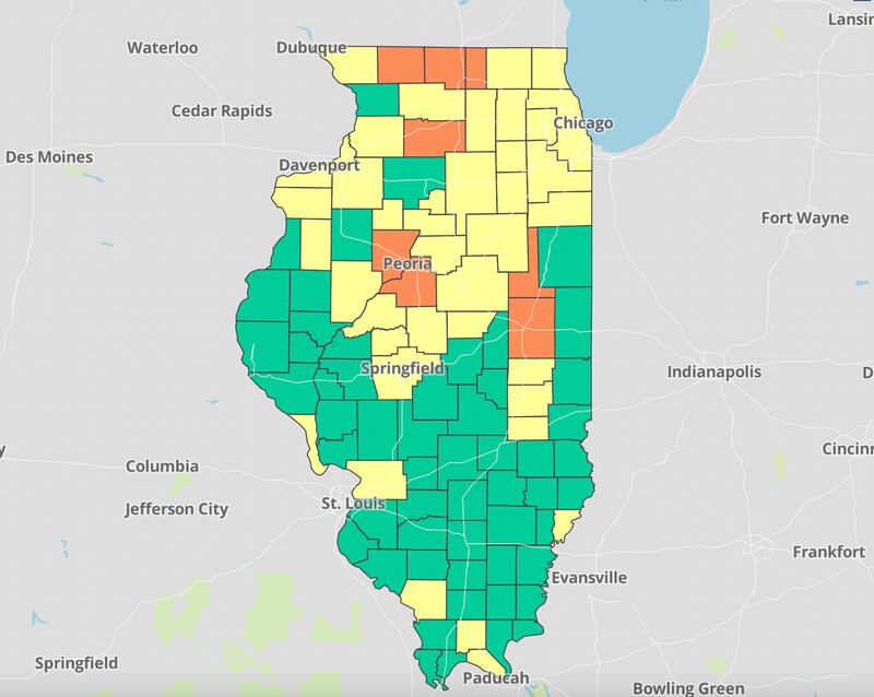 There are now eight counties in the state, including four in northern Illinois, that are now considered “high” risk for community spread of COVID-19, according to new data from the Illinois Department of Public Health released Friday. (Screenshot of Illinois Department of Public Health data by Kelsey Rettke)