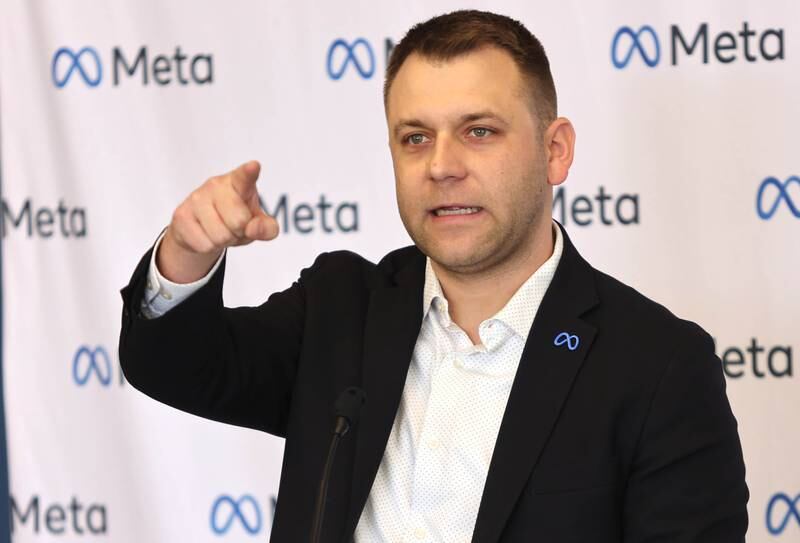 Matt Sexton, community development manager at Meta, introduces people in the audience during a press conference Wednesday, April 27, 2022, at the Meta DeKalb Data Center. Meta announced Wednesday that they will be expanding the Meta DeKalb Data Center by three new buildings. Once completed, the nearly 2.4 million-square-foot data center will represent an investment of over $1 billion and will support more than 200 operational jobs.