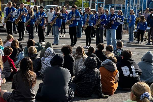 Princeton High School marching band visits elementary school to inspire young musicians