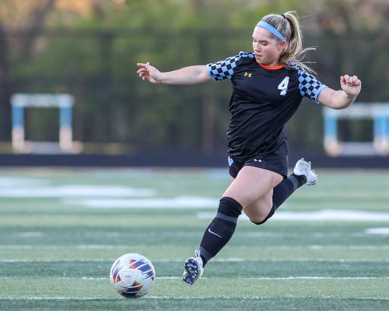 Willowbrook's Lillian Macias (4) chases down the ball during soccer match between Morton at Willowbrook.  April 15, 2024.