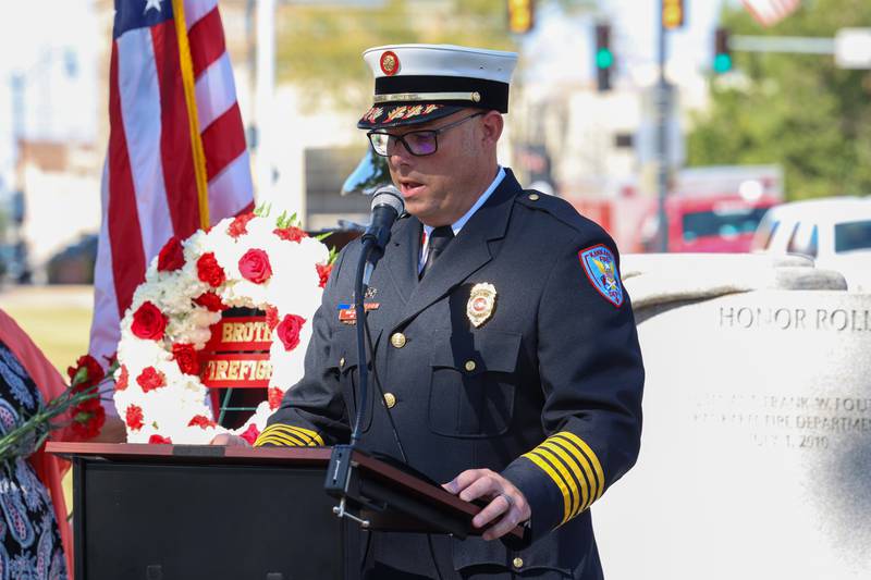 Kankakee Fire Chief Brian LaRoche reads “The Fallen Firefighter” and states the names of each of Kankakee County’s fallen during the 44th Kankakee County Fallen Firefighter Memorial Service on Friday, Oct. 3, 2025.