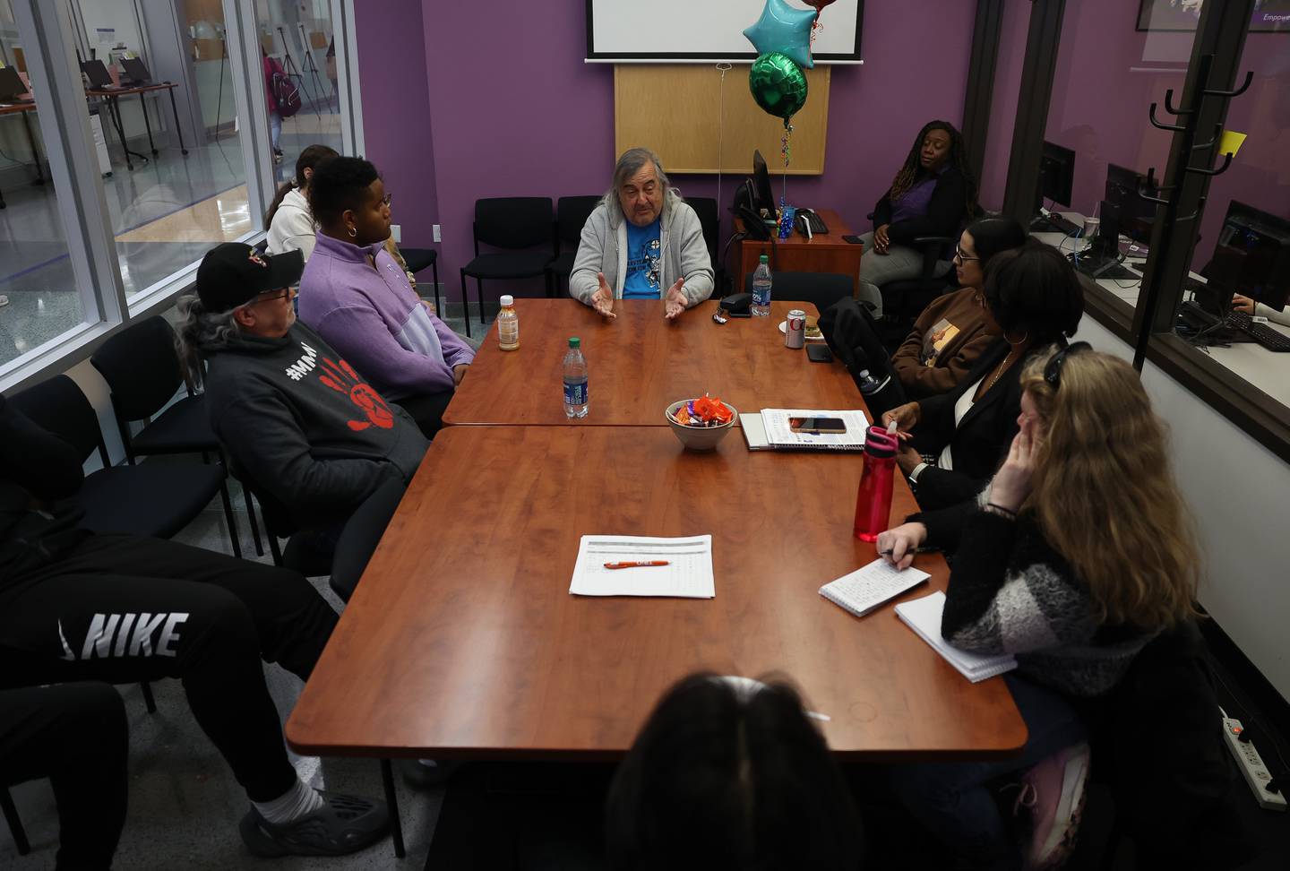 Joseph “Standing Bear” Schranz, from the Ojibwa tribe at White Earth reservation in Minnesota, talks to Joliet Junior College students and staff at a round table discussion on the destructive and dehumanization of Native American culture and their people on Thursday, Nov. 9, 2023 in Joliet.