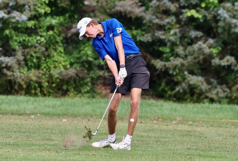 Princeton's Jackson Mason strikes the ball during the Three Rivers Conference Tournament on Tuesday, Sept. 23, 2025 at Chapel Hill Golf Course in Princeton.