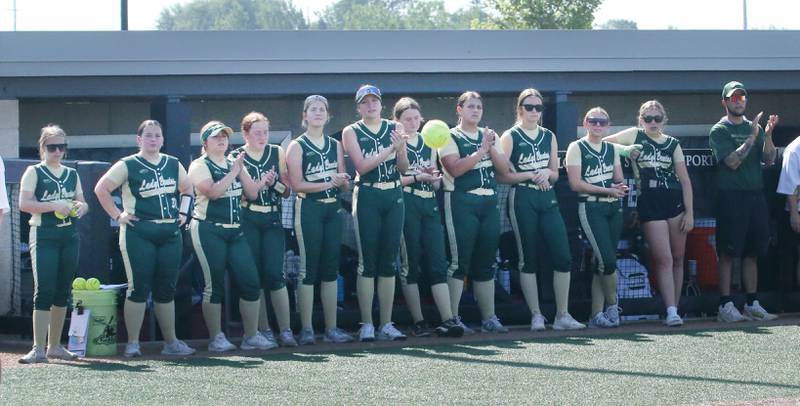 Members of the St. Bede softball team wait to take the field in the Class 1A State semifinal game on Friday, June 2, 2023 at the Louisville Slugger Sports Complex in Peoria.