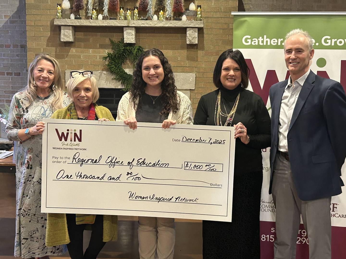 Starved Rock County Community Foundation founder Pamela Beckett (from left), Women Inspired Network grants chair Debbie Buffington, Regional Office of Education 35 school crisis response team crisis coordinator Lindsey Ceja, Women Inspired Network steering committee co-chair Cherie Reynolds, and Starved Rock County Community Foundation CEO Fran Brolley