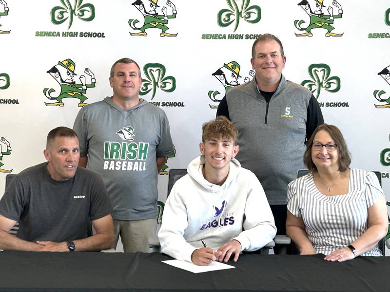 Seneca graduate and Times All-Area Golf honoree Keegan Murphy has committed to continue his education at Illinois Valley Community College in Oglesby and his golf career at the NJCAA Division II level with the Eagles. Pictured at his signing ceremony are (left to right): in front – Mike Murphy, Keegan Murphy and Tammy Murphy; and in back – Ted O'Boyle and Bryan Erickson.