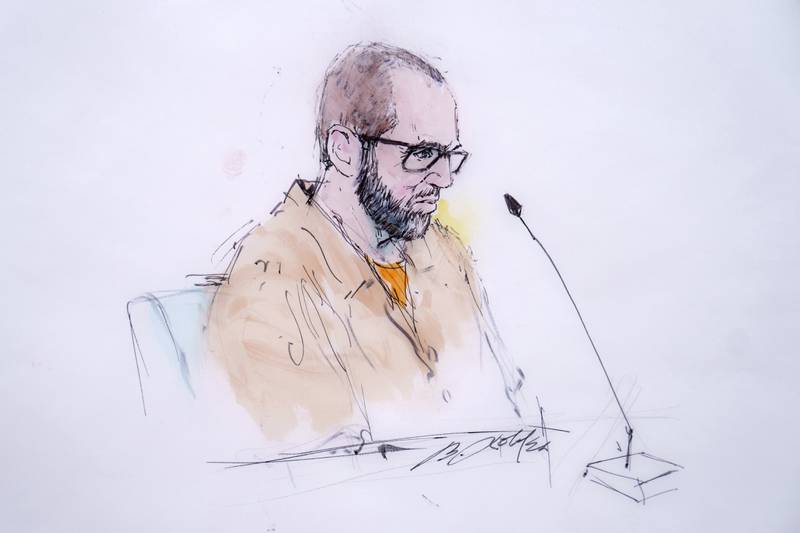 FILE - In this courtroom sketch Defendant Alexander Smirnov speaks in Federal court in Los Angeles, Feb. 26, 2024. (William T. Robles via AP, File)