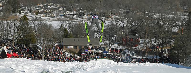 Jacob Larson of St. Paul, Minnesota is airborne at the Norge Ski Jump 121st Annual Winter Tournament on Feb. 1, 2026 at the Norge Ski Club, 100 Ski Hill Road, Fox River Grove.