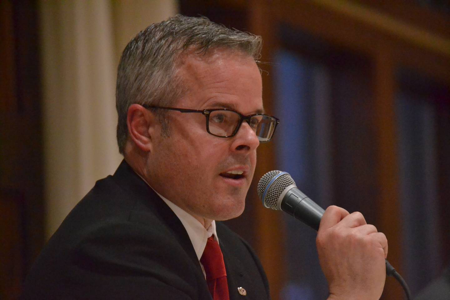 Republican congressional candidate Michael Koolidge of Rochelle speaks at a debate on April 20, 2022 in Yorkville. (Alex Ortiz -- aortiz@shawmedia.com)