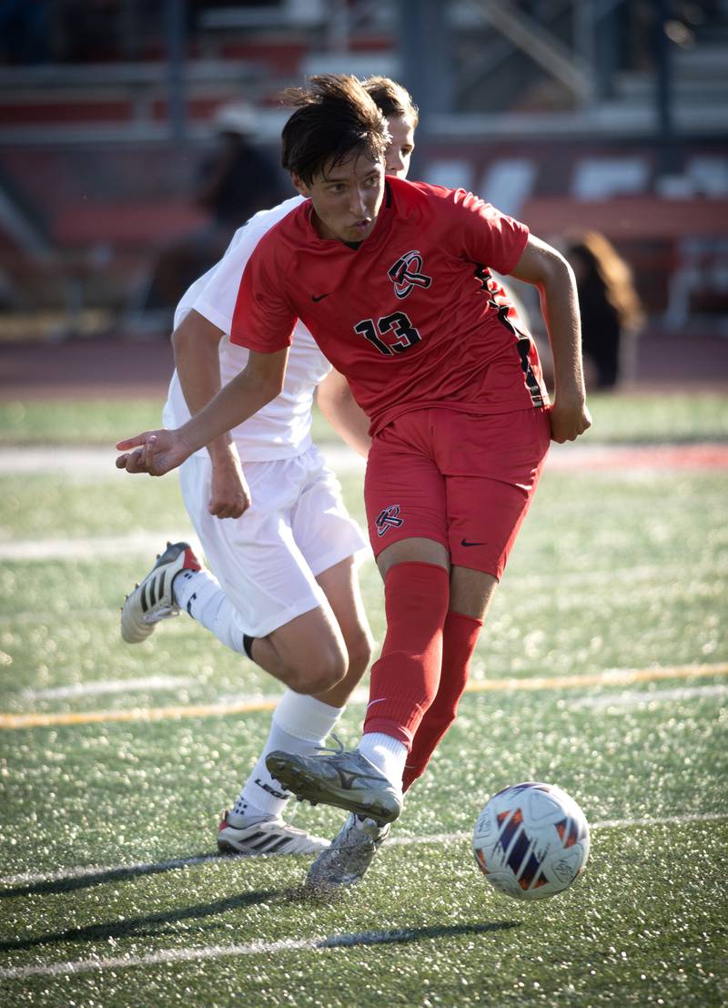 Bradley-Bourbonnais' Sebastian Sadulla gets a shot on goal in a game against Minooka on Tuesday, August 26, 2025.