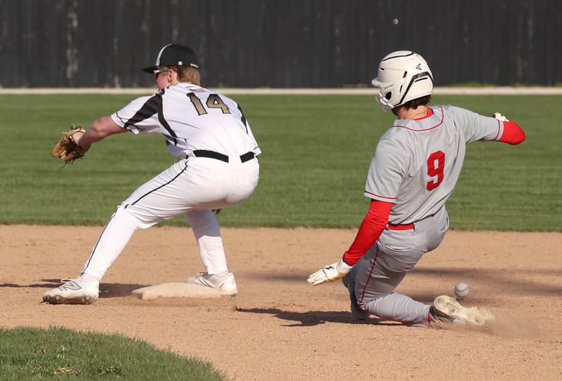 Sycamore's Conor Grubbs can’t handle the throw allowing Ottawa's Jack Henson to slide safely into second base during their game Friday, April 19, 2024, at the Sycamore Community Sports Complex.