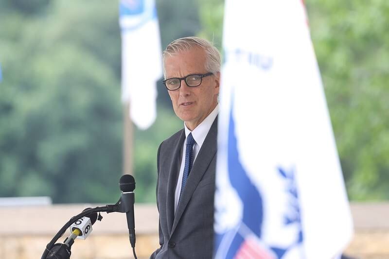 Denis McDonough, Secretary of Veteran Affairs, speaks at the National Cemetery Administration 50th Anniversary ceremony at the Abraham Lincoln National Cemetery in Elwood on Saturday, July 29.