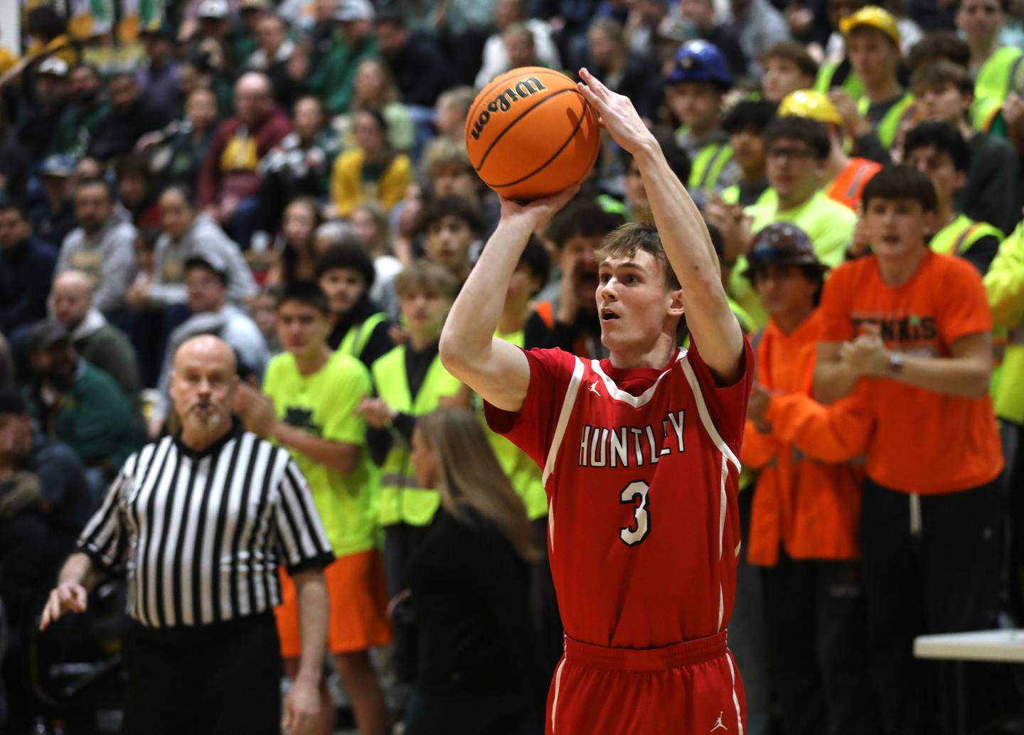Huntley's Aidan Gibbs shoots a three-pointer during a Fox Valley Conference boys basketball game against Crystal Lake South on Friday, Jan. 30, 2026, at Crystal Lake South High School.