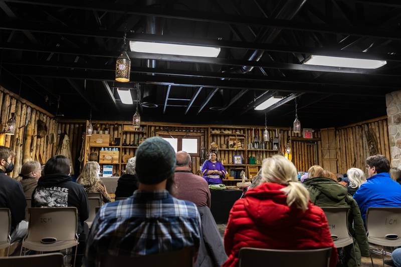 A large crowd enjoys the We, the Native People presentation at the Isle a la Cache Museum in Romeoville on March 14, 2026.