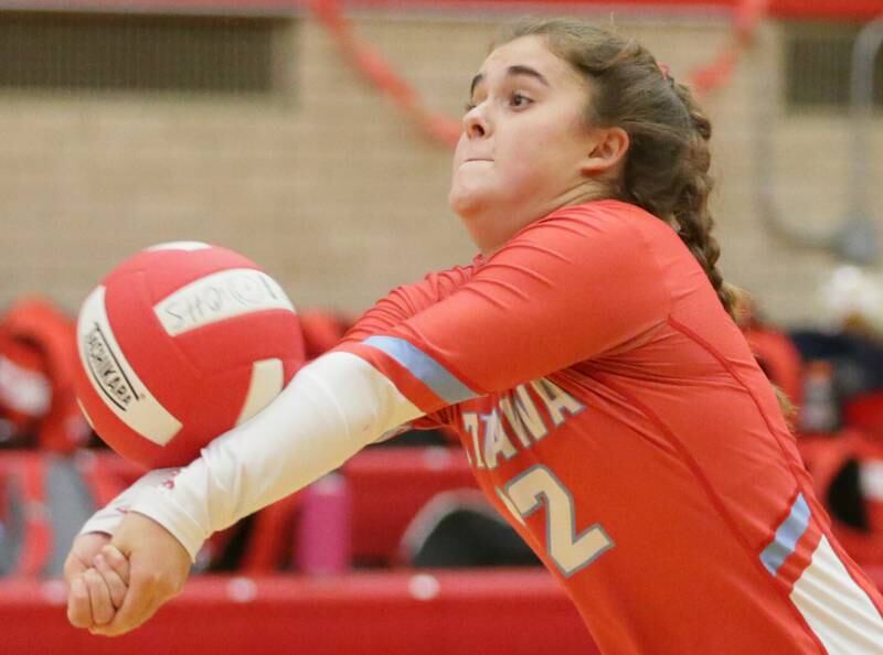 Ottawa's libero Alyssa Malmassari hits the ball against L-P on Tuesday, Oct. 18, 2022 at Kingman Gymnasium in Ottawa.