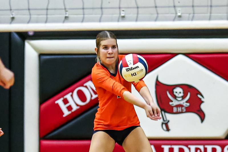 Oswego's Alexis Terrazas (1) bumps a shot during Class 4A Bolingbrook Sectional final match between Lockport at Oswego.  Nov 7, 2024  in Bolingbrook.