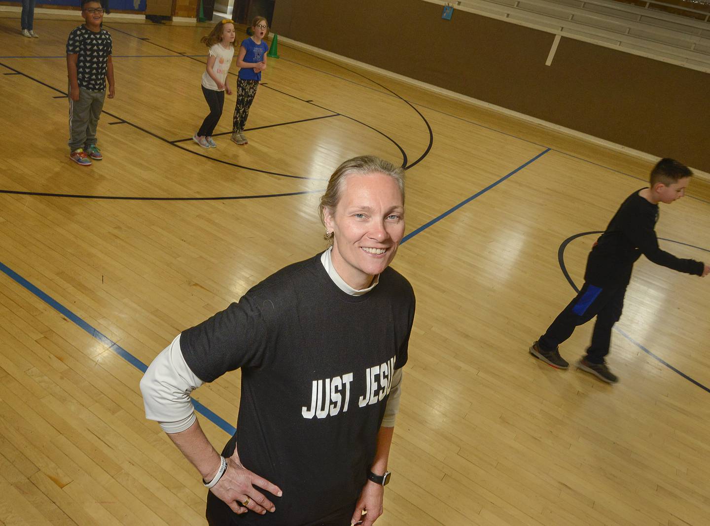 Parkview Christian coach Kayla Linden leads a gym class at the lower campus in Yorkville on Wednesday, April 13, 2022.