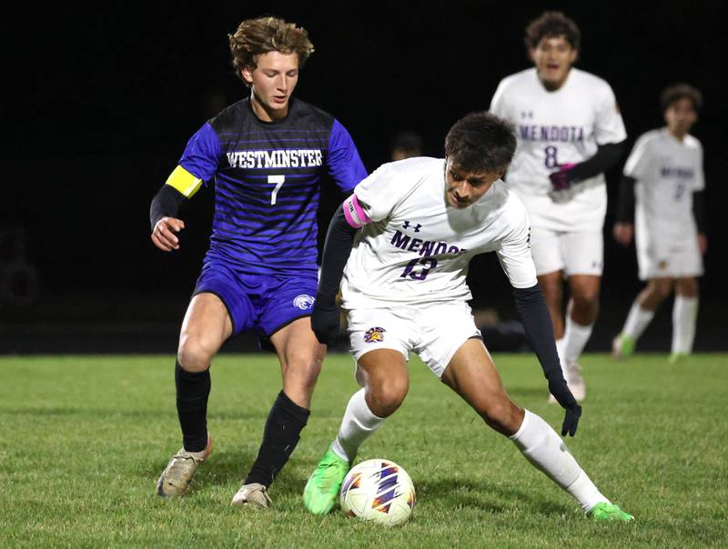 Mendota's Sebastian Carlos tries to keep Harvest-Westminster's Brian Powers away from the ball Friday, Oct. 31, 2025, during the Class 1A Indian Creek Sectional championship game Friday in Waterman.