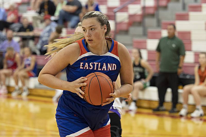 Eastland’s Quinc Haverland controls the rebound Thursday, June 15, 2023 during the Sauk Valley Media All-Star Basketball Classic at Sauk Valley College.