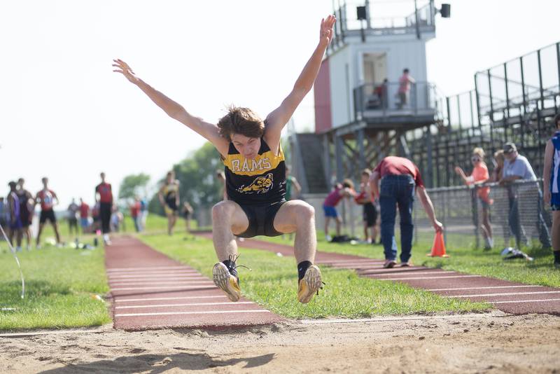 Riverdale's Luke Wiklund competes in the long jump at the class 1A Erie track sectionals on Thursday, May 19, 2022.