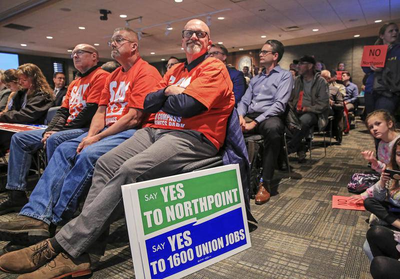 Representatives from building trades unions showed their support for NorthPoint's Compass Business Park at the Joliet Plan Commission meeting Feb. 24.