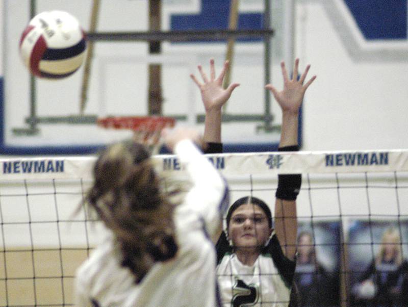 Rock Falls' Kaltrina Lecaj  blocks a shot at the net. Rock Falls took on Sherrard in the Class 2A regional volleyball semifinal Tuesday, Oct. 29, 2024 at Newman High School.