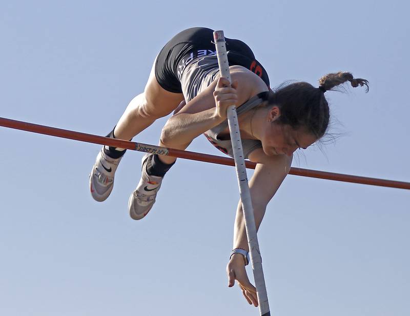 DeKalb’s Joscelyn Dieckman pole vaults during the Huntley IHSA Class 3A Girls Sectional Track and Field Meet on Wednesday, May 8, 2024, at Huntley High School.