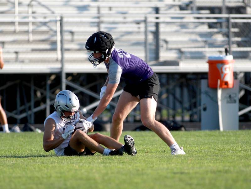 Dixon’s Jake Wheland (right) plays defense during a 7 on 7 football tournament on Tuesday, July 15, 2025 at Kaneland High School in Maple Park.