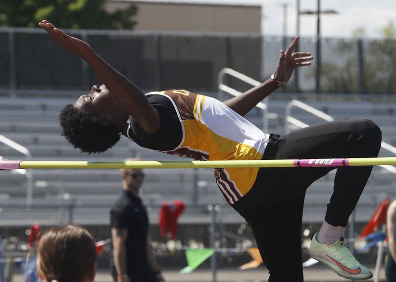 Carmel’s Jameer Miles competes in the high jump during the IHSA Class 2A Richmond-Burton Sectional Boys Track and Field Meet on Wednesday, May 20, 2026, at Richmond-Burton High School.