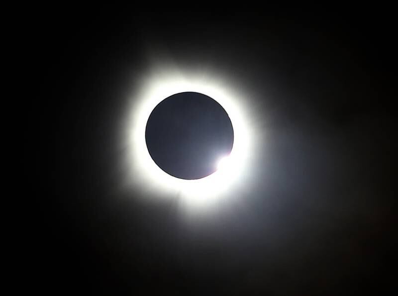 The sun peaks out of the moons shadow as totality ends on Monday, April 8, 2024 at Rend Lake.