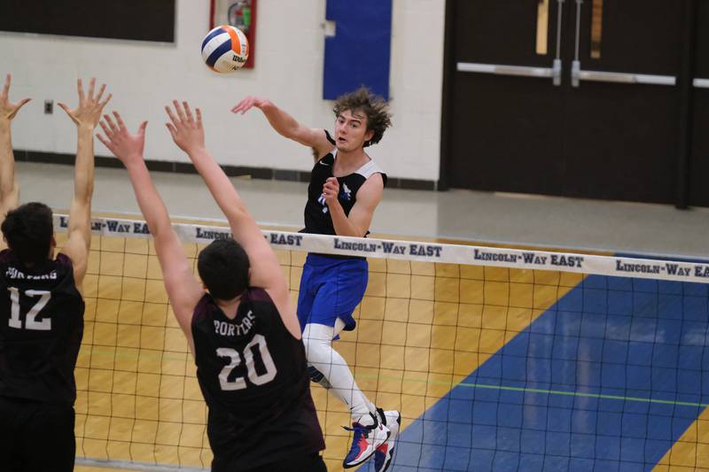 Lincoln-Way East’s Tyler Walenga hits a shot against Lockport in the Lincoln-Way East Tournament 3rd place match. Saturday, April 30, 2022, in Frankfort.