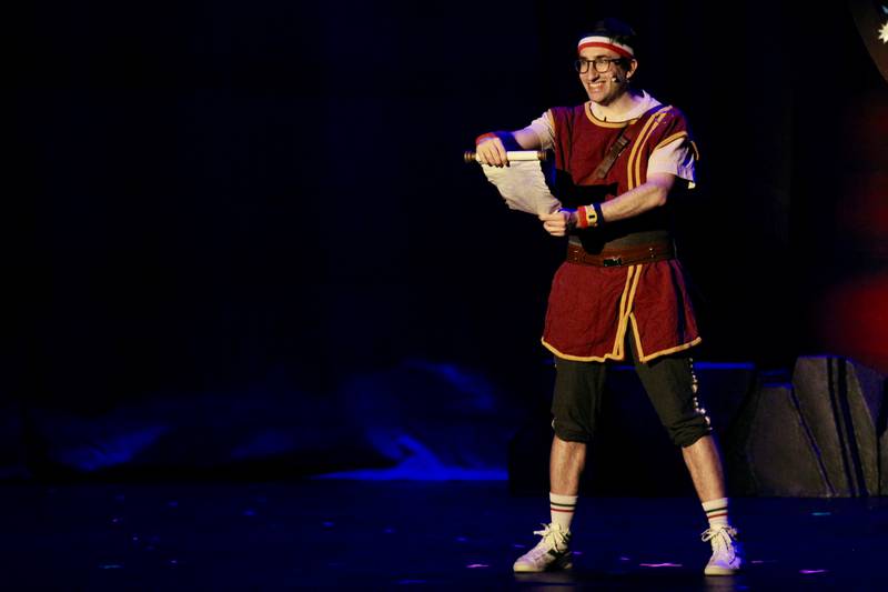 Dave the Hero Trainer, portrayed by Ben Galpin, shares his quest to obtain magical items from legendary creatures in the puppet show "Dragons and Mythical Beasts" that had two performances Saturday, Feb. 11, 2023, at Dixon Theatre.
