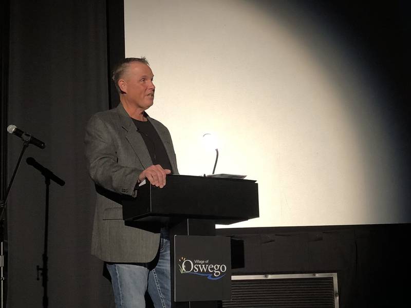 Village President Troy Parlier presenting the State of the Village at Kendall 11 Cinema, Thursday Feb. 24. (David Petesch - dpetesch@shawmedia.com)