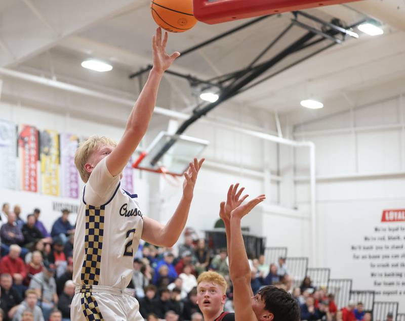 Marquette's Lucas McCullough lets go of a shot against Indian Creek during the Class 1A Sectional game on Friday, March 6, 2026 at Amboy High School.